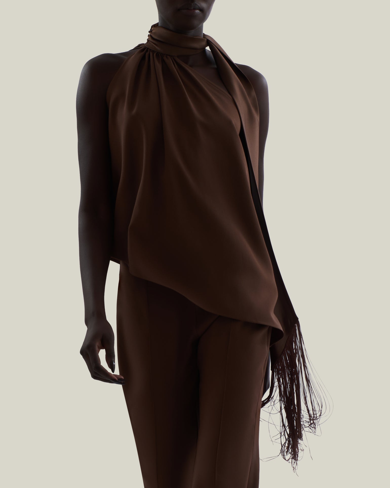 Astor Blouse in Fume - Crepe cady gathered one asymmetrical shoulder blouse with scarf