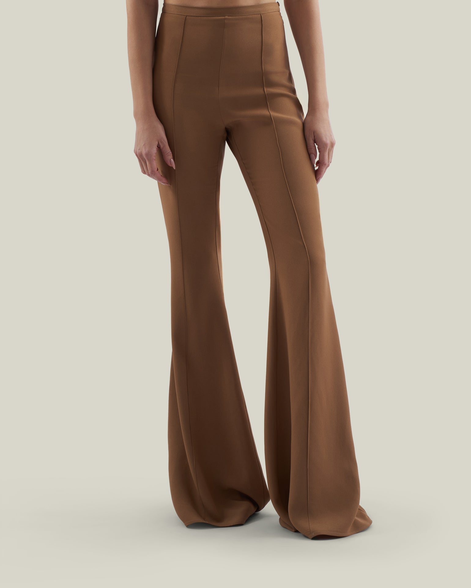 Mae Pants in Camel - Stretch crepe cady flared pants