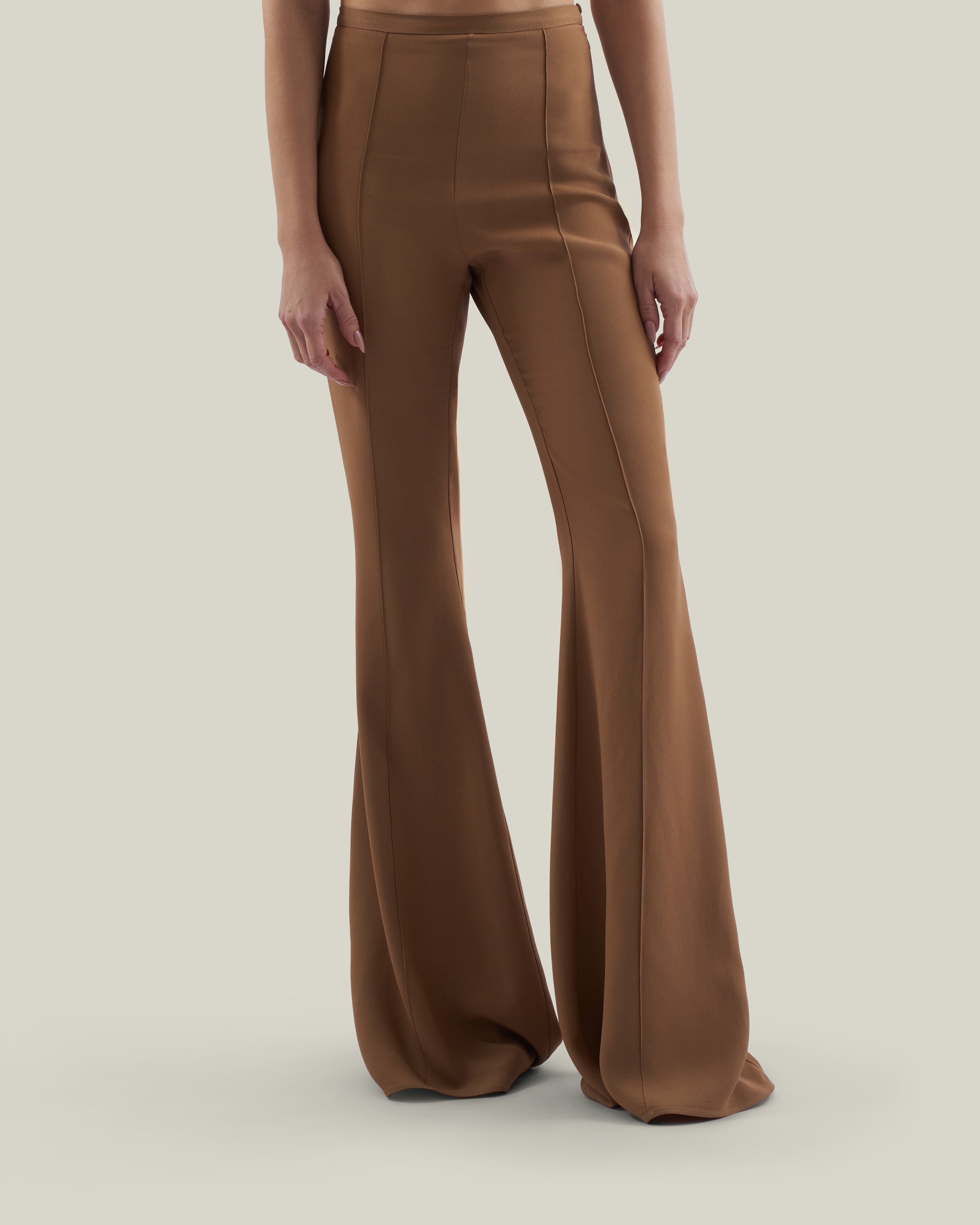 Mae Pants in Camel - Stretch crepe cady flared pants
