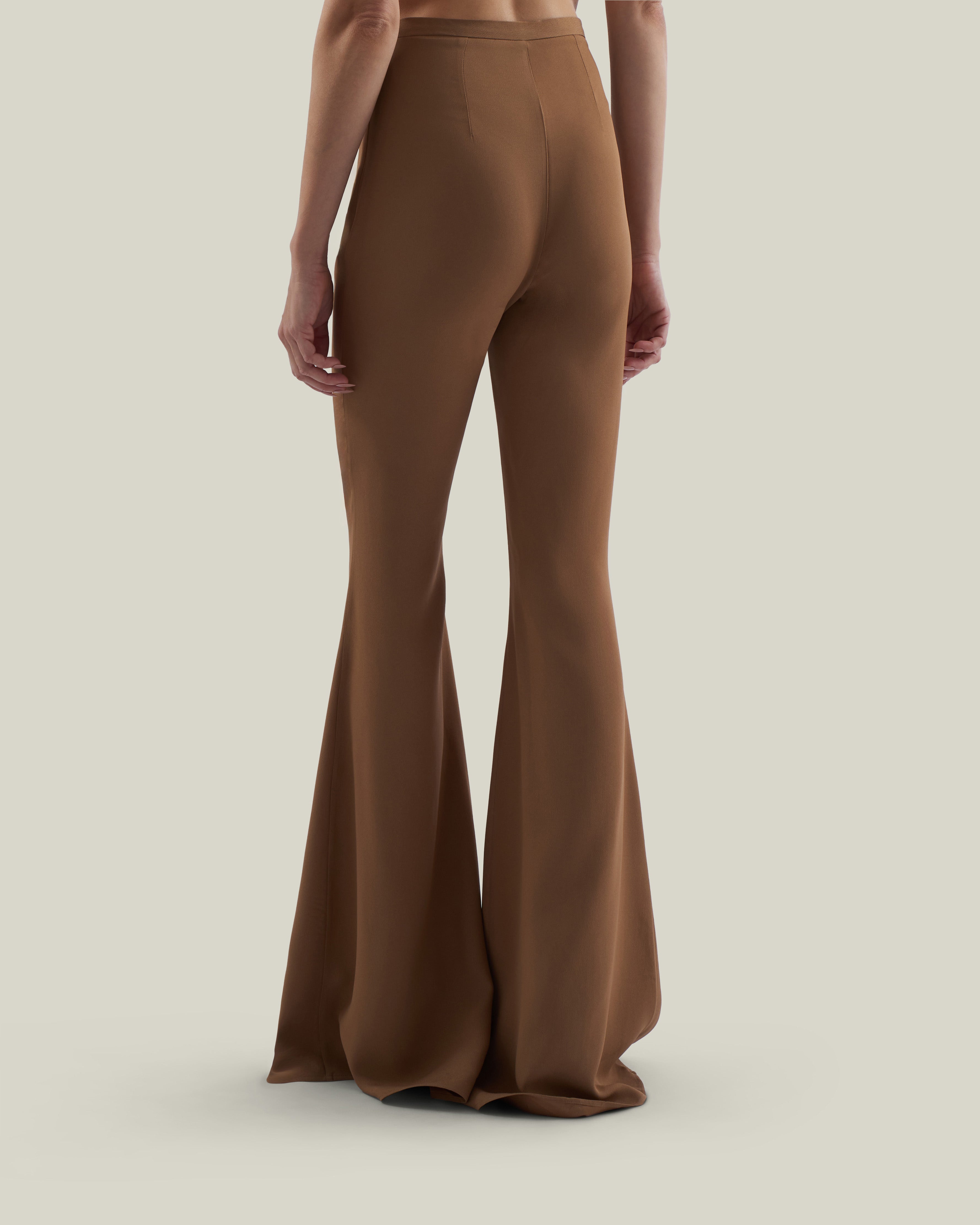 Mae Pants in Camel - Stretch crepe cady flared pants
