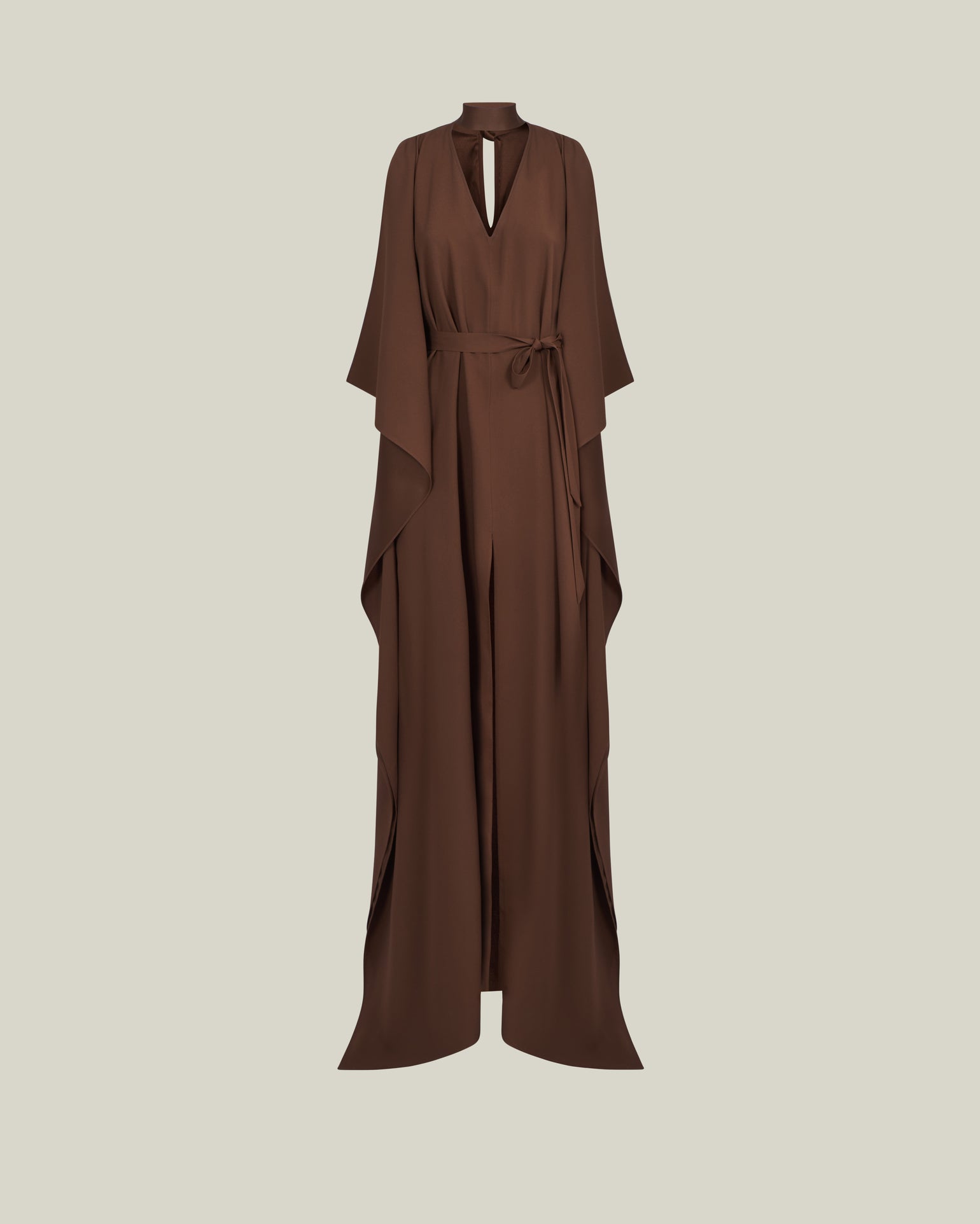 Arizona Kaftan in Fume - Crepe cady belted kaftan with open sleeves, V neckline and frontal slits