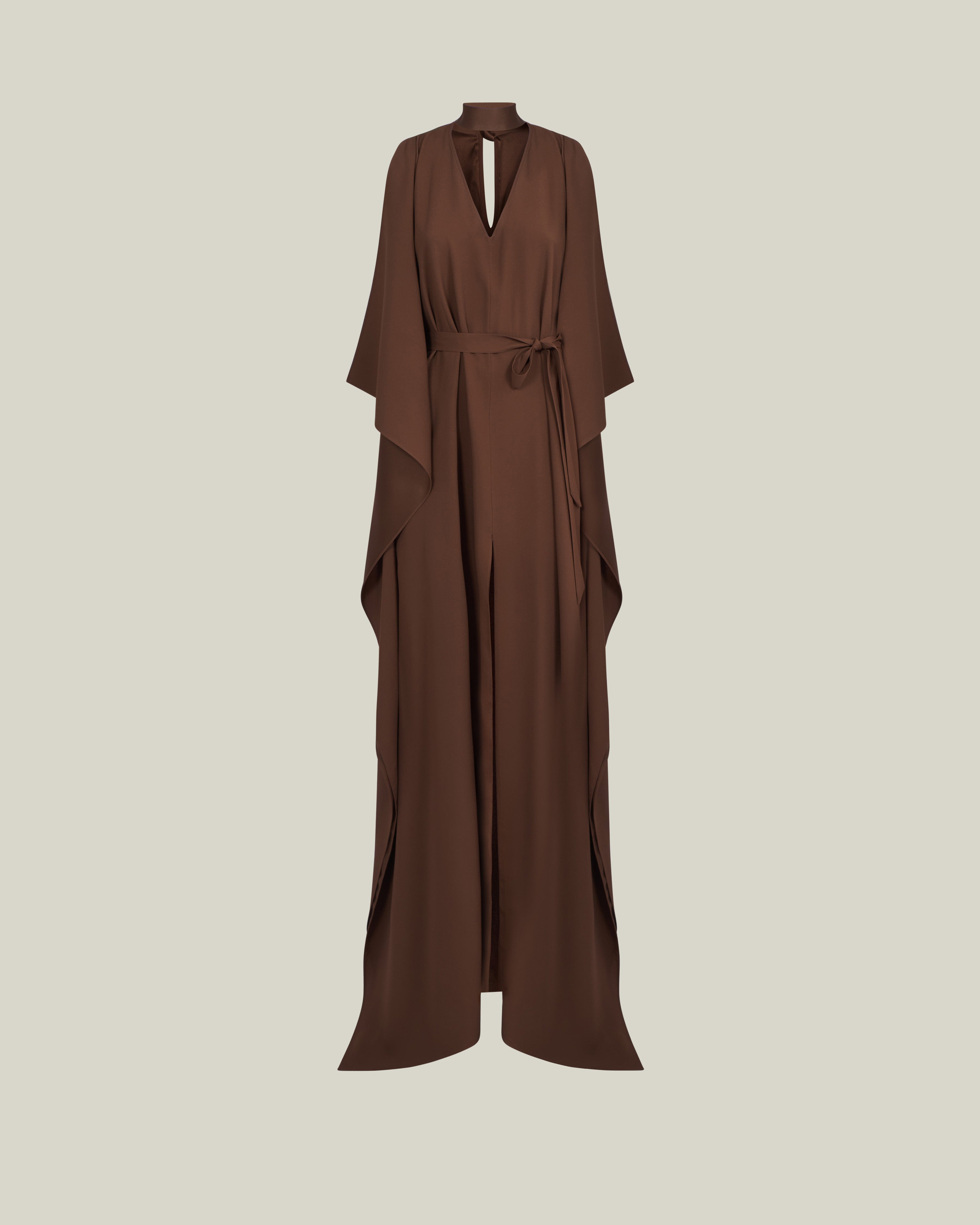 Arizona Kaftan in Fume - Crepe cady belted kaftan with open sleeves, V neckline and frontal slits