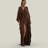 Arizona Kaftan in Fume - Crepe cady belted kaftan with open sleeves, V neckline and frontal slits
