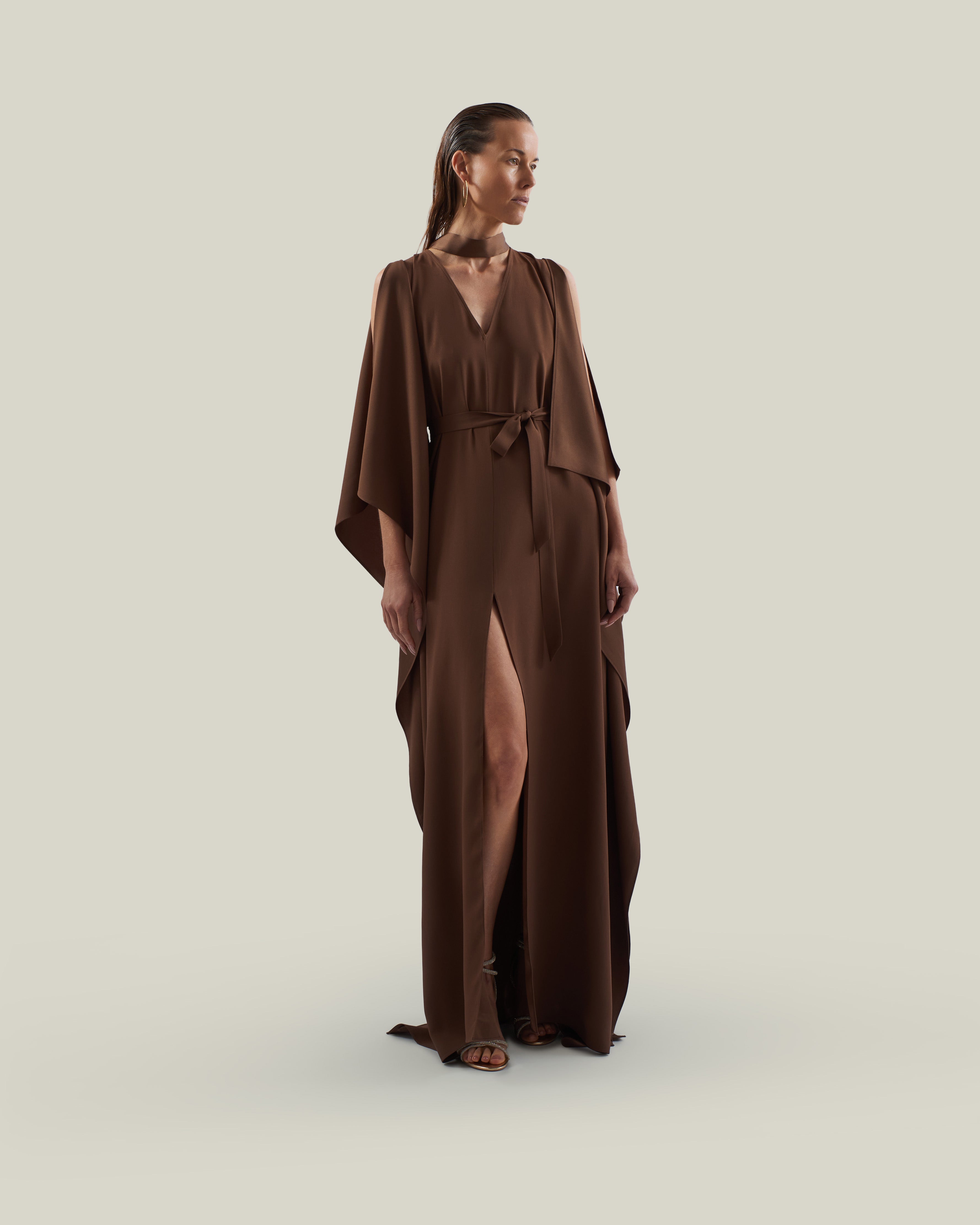 Arizona Kaftan in Fume - Crepe cady belted kaftan with open sleeves, V neckline and frontal slits