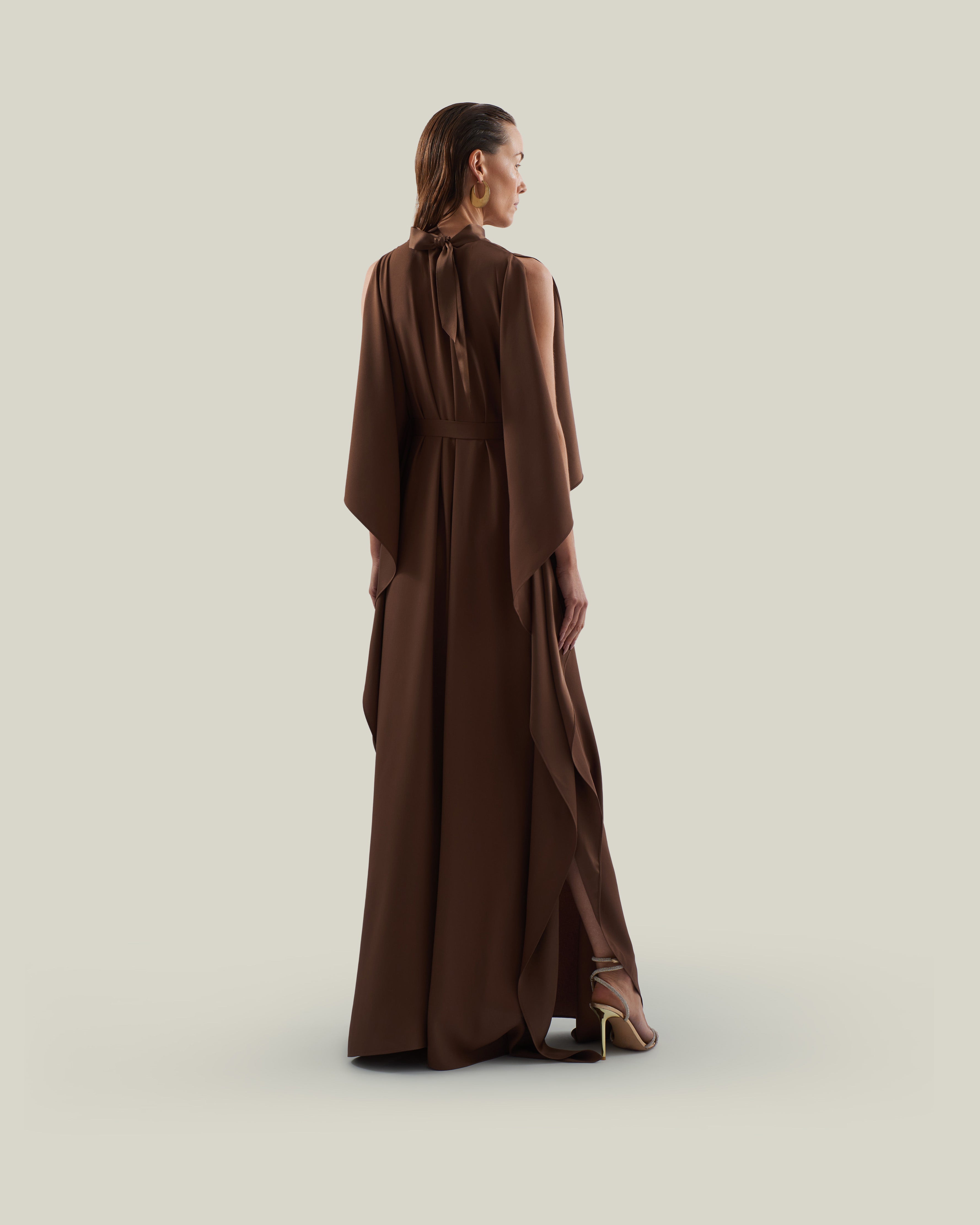 Arizona Kaftan in Fume - Crepe cady belted kaftan with open sleeves, V neckline and frontal slits