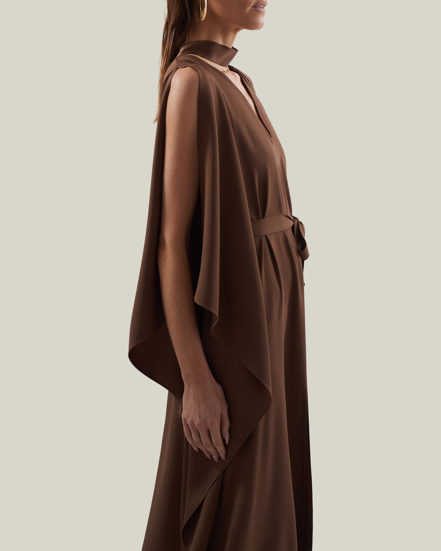 Arizona Kaftan in Fume - Crepe cady belted kaftan with open sleeves, V neckline and frontal slits