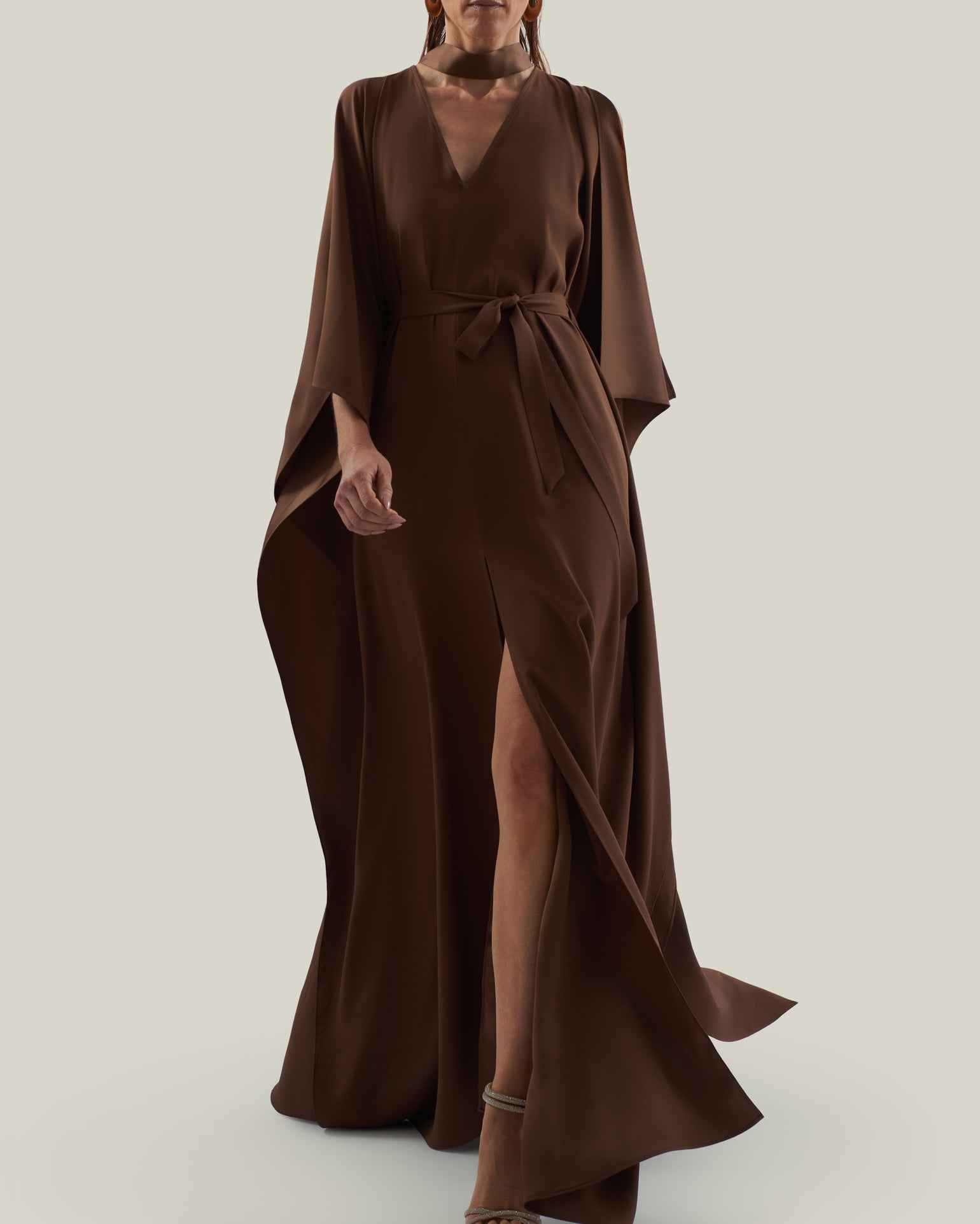 Arizona Kaftan in Fume - Crepe cady belted kaftan with open sleeves, V neckline and frontal slits