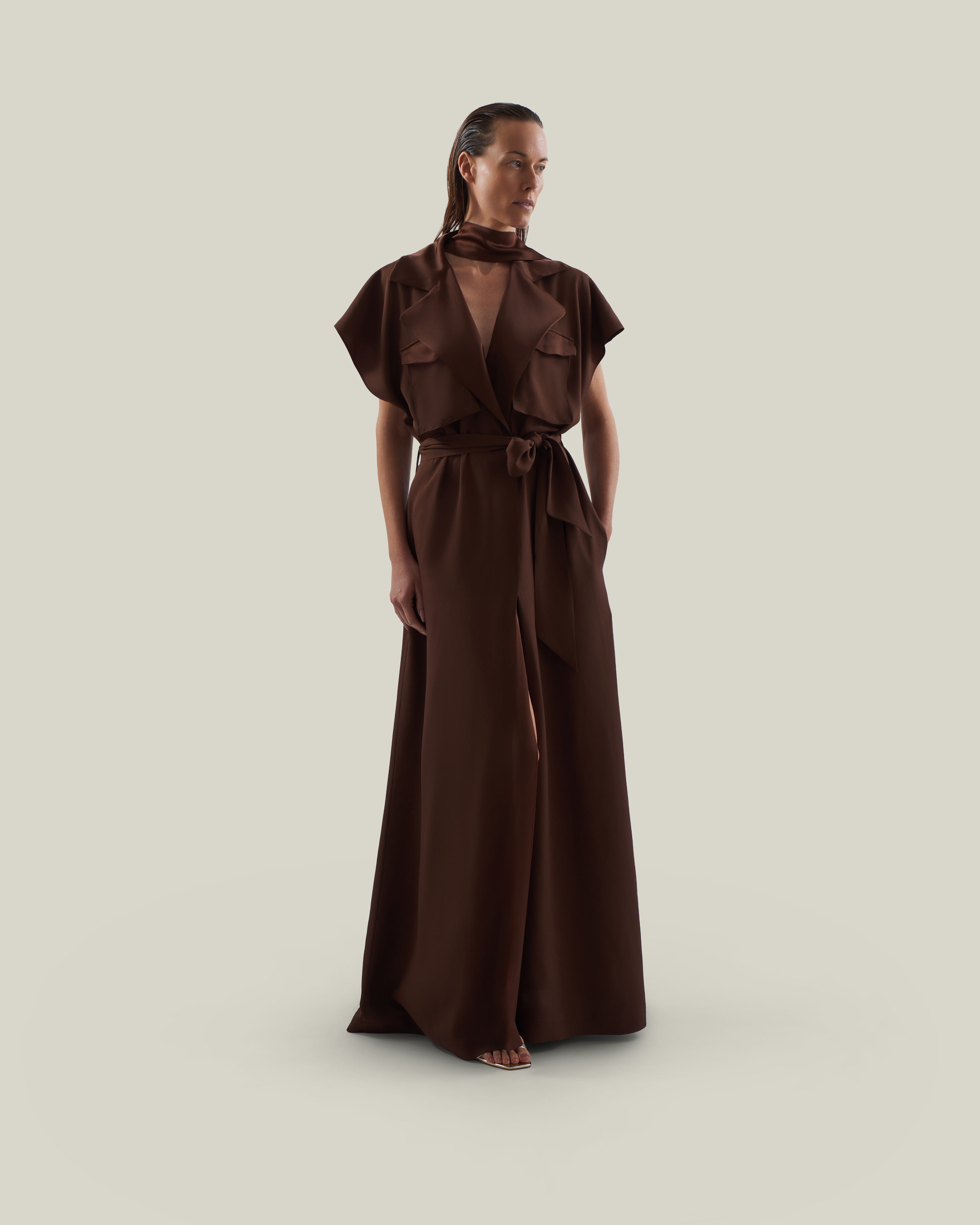 Serengeti Dress in Cocoa - Crepe cady sleeveless trench coat-inspired dress