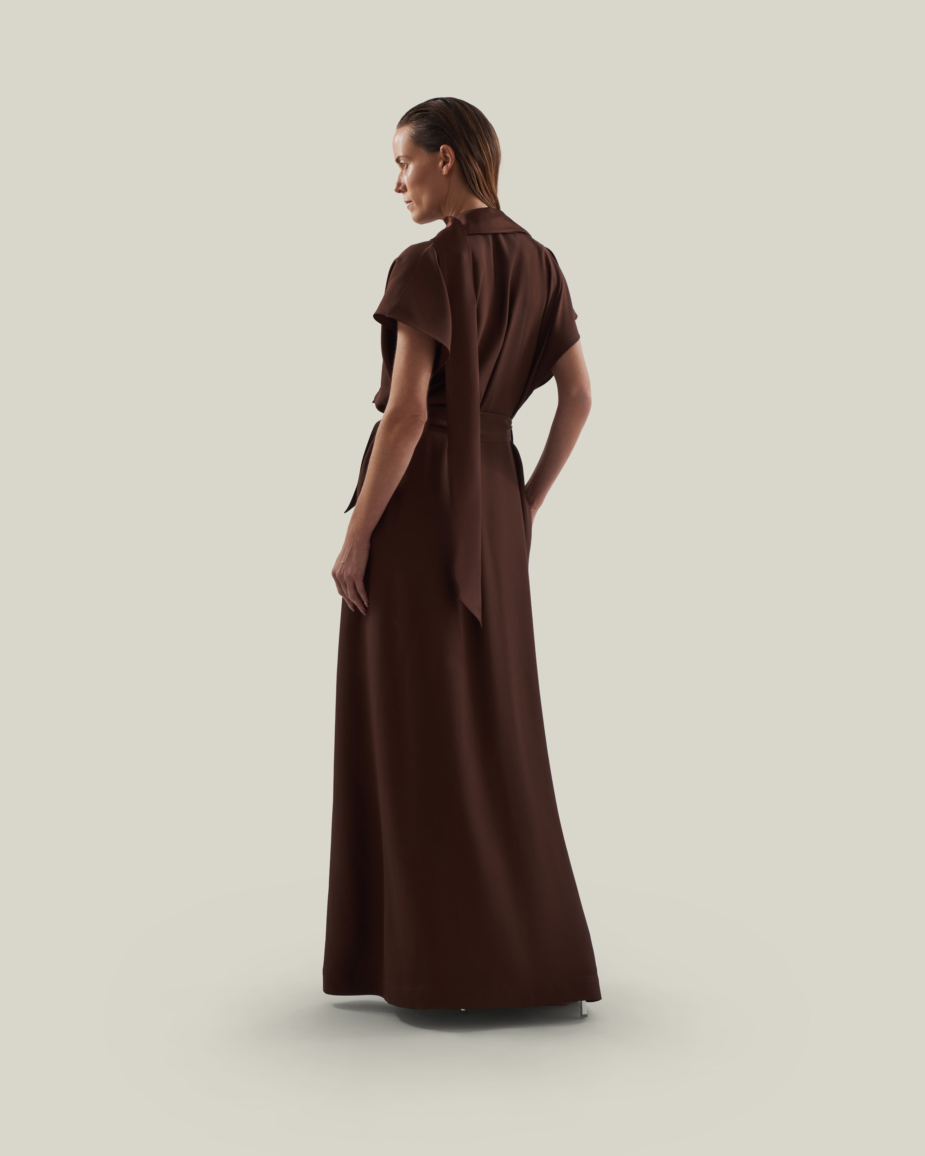 Serengeti Dress in Cocoa - Crepe cady sleeveless trench coat-inspired dress