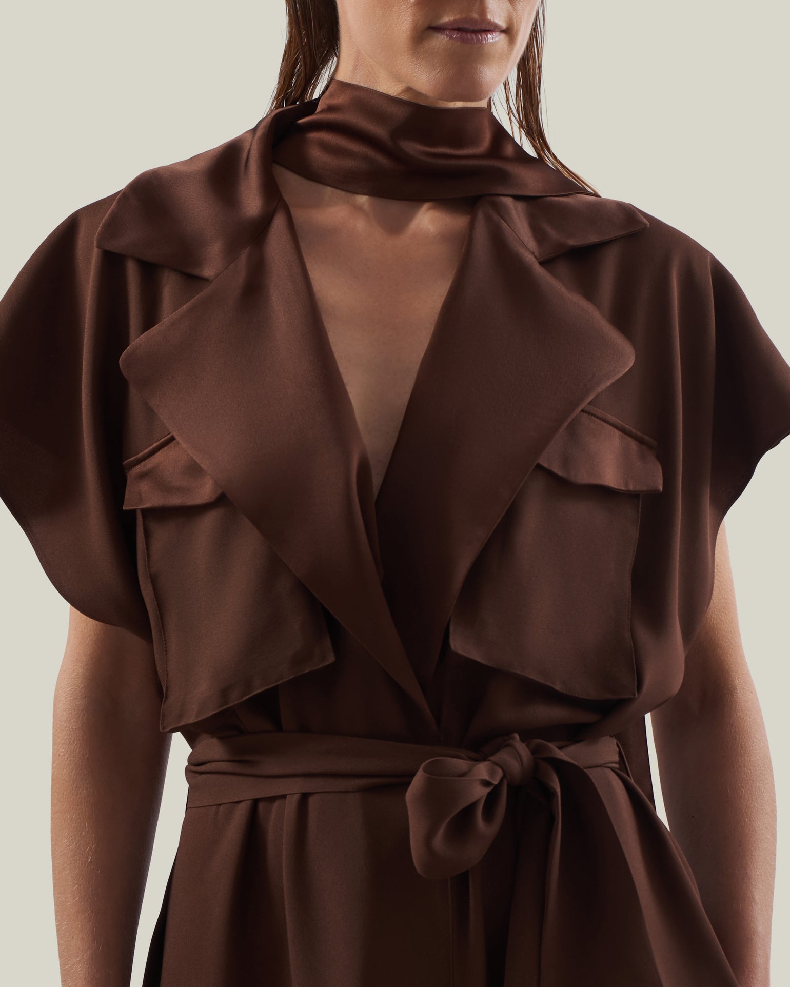 Serengeti Dress in Cocoa - Crepe cady sleeveless trench coat-inspired dress