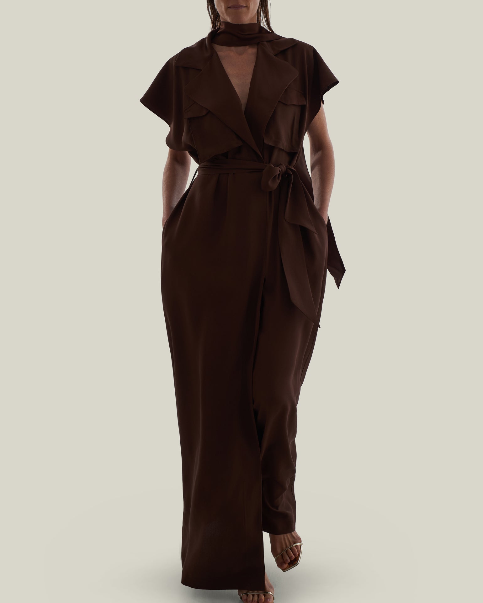 Serengeti Dress in Cocoa - Crepe cady sleeveless trench coat-inspired dress