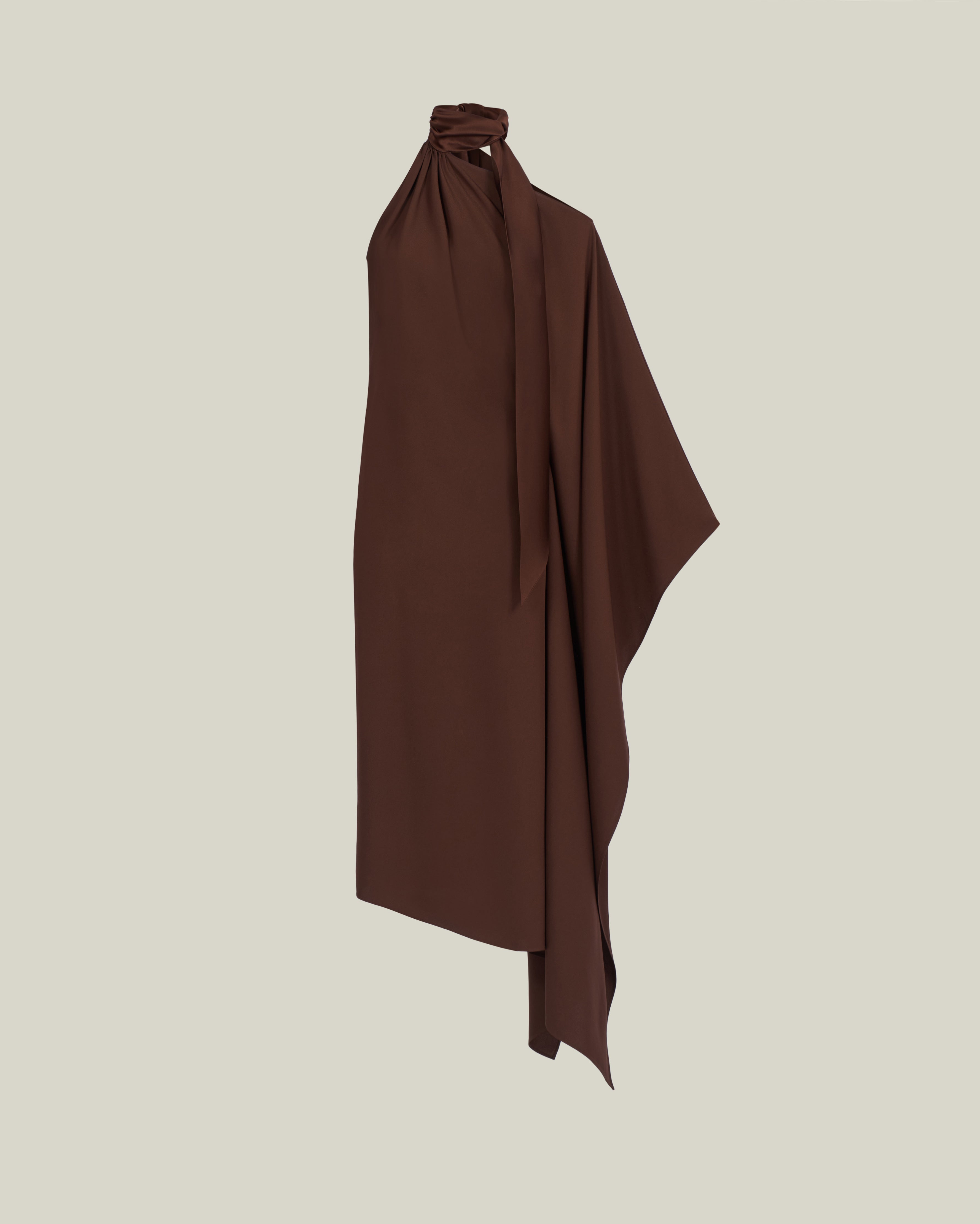 Atlas Dress in Cocoa - Crepe cady asymmetrical ankle-lenght dress with scarf 