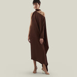 Atlas Dress in Cocoa - Crepe cady asymmetrical ankle-lenght dress with scarf 