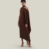 Atlas Dress in Cocoa - Crepe cady asymmetrical ankle-lenght dress with scarf 