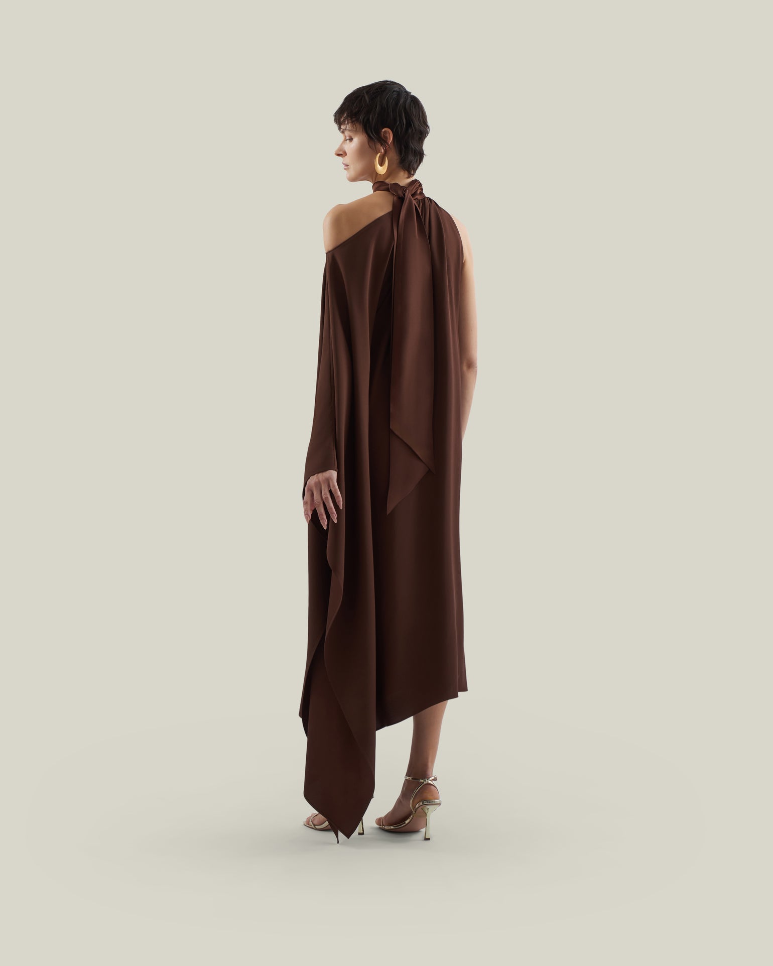 Atlas Dress in Cocoa - Crepe cady asymmetrical ankle-lenght dress with scarf 