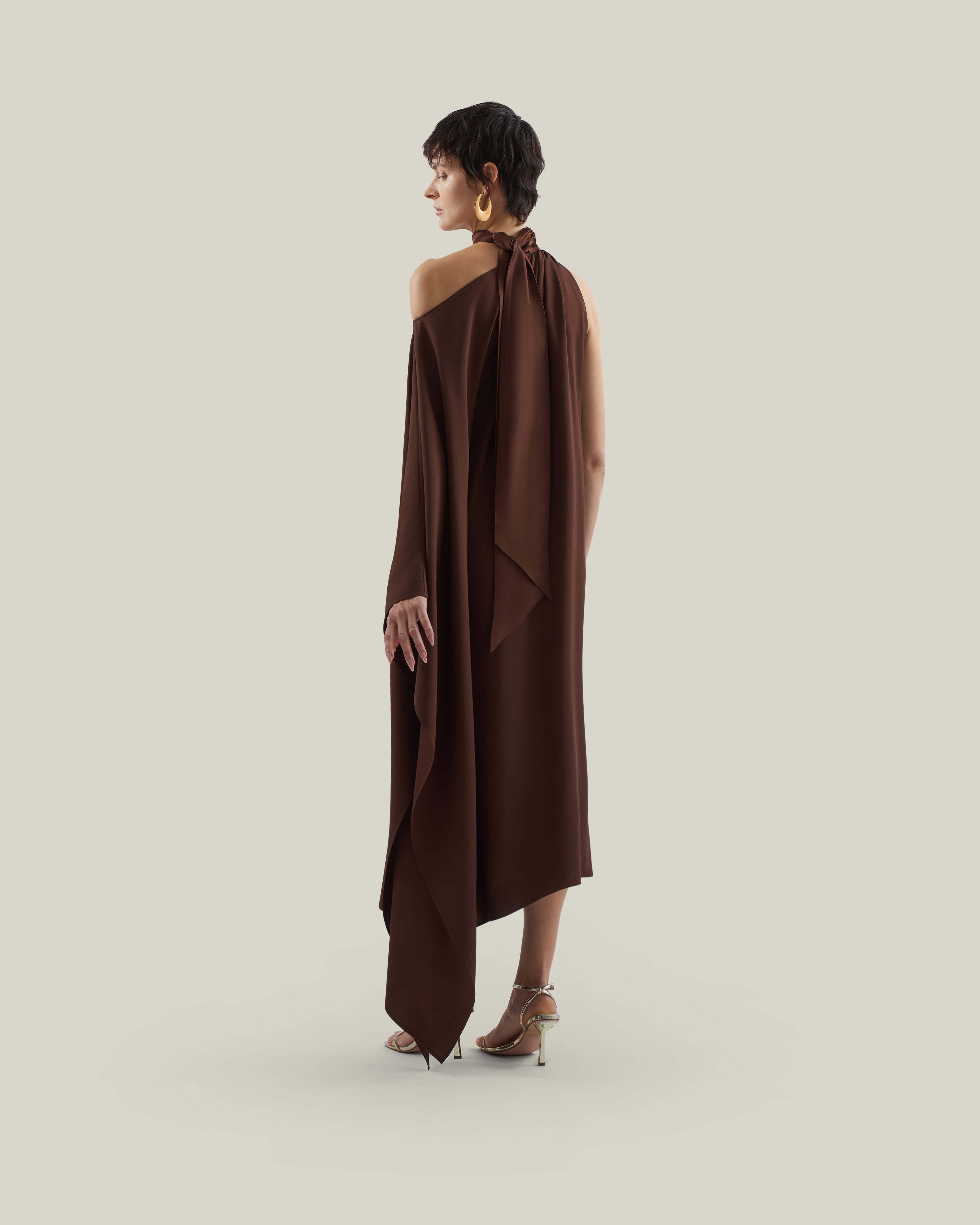 Atlas Dress in Cocoa - Crepe cady asymmetrical ankle-lenght dress with scarf 