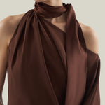 Atlas Dress in Cocoa - Crepe cady asymmetrical ankle-lenght dress with scarf 