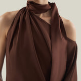 Atlas Dress in Cocoa - Crepe cady asymmetrical ankle-lenght dress with scarf 