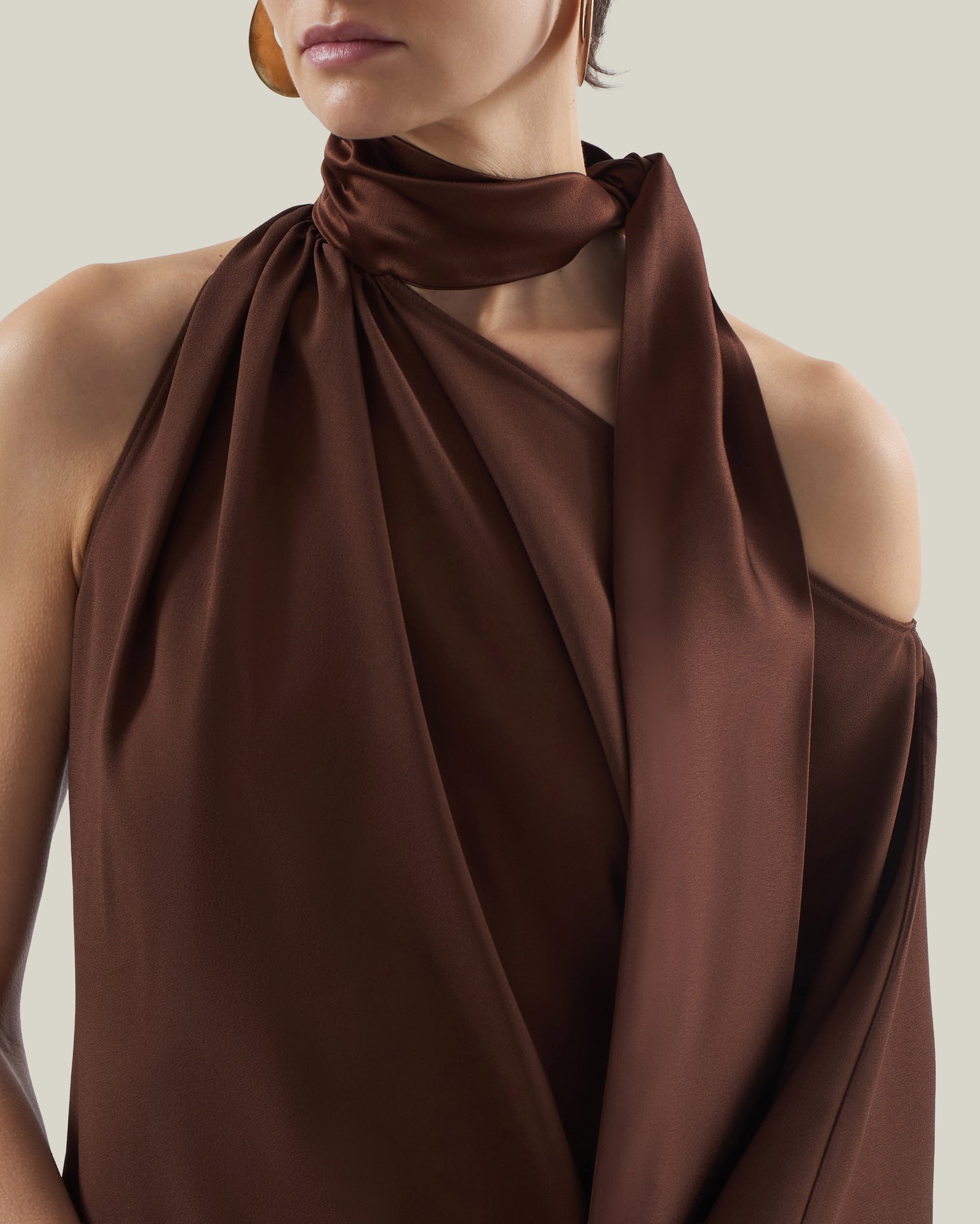 Atlas Dress in Cocoa - Crepe cady asymmetrical ankle-lenght dress with scarf 