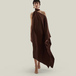 Atlas Dress in Cocoa - Crepe cady asymmetrical ankle-lenght dress with scarf 