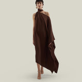 Atlas Dress in Cocoa - Crepe cady asymmetrical ankle-lenght dress with scarf 