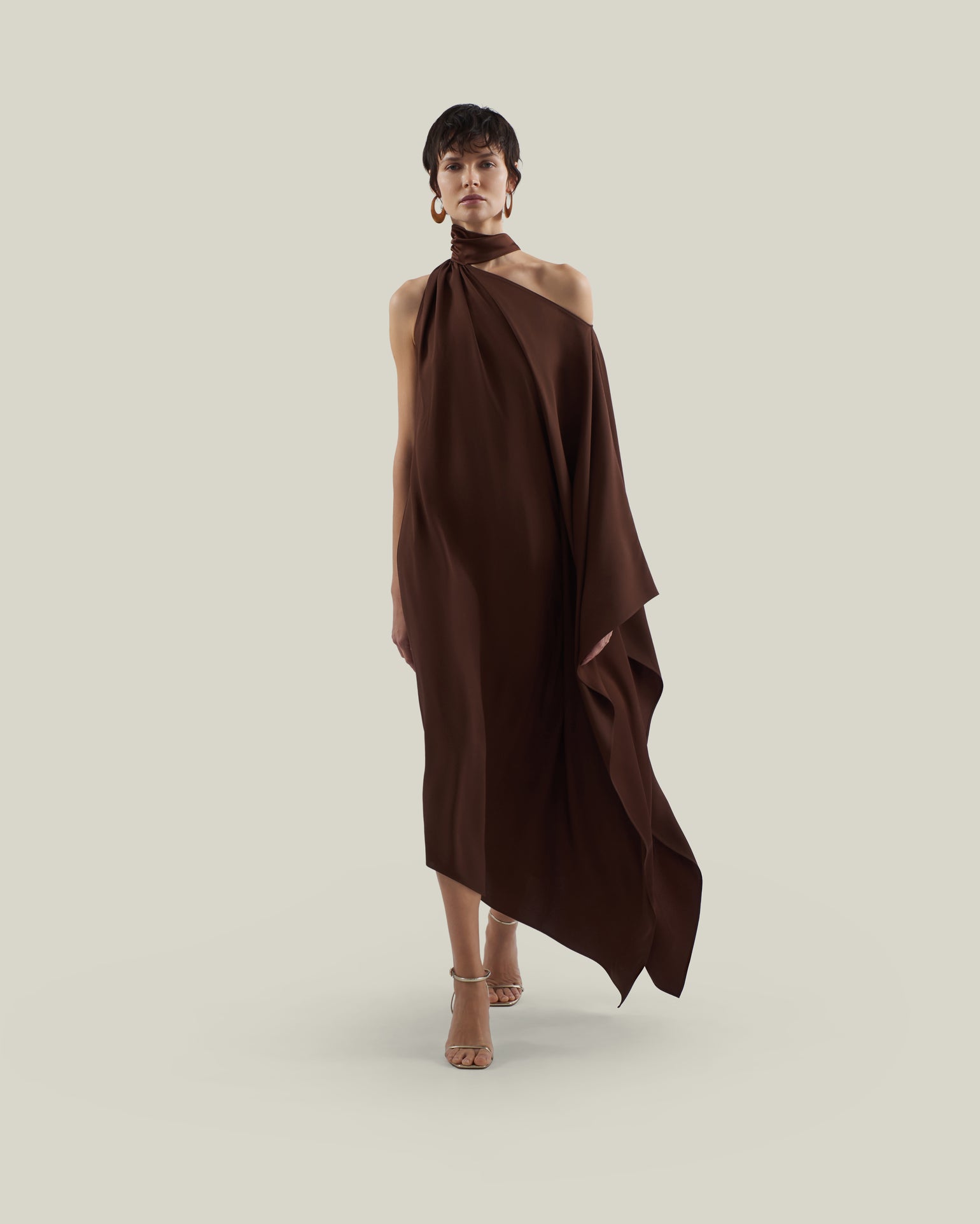 Atlas Dress in Cocoa - Crepe cady asymmetrical ankle-lenght dress with scarf 
