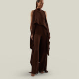 Agadez Blouse in Cocoa - Crepe cady high-neck cold-shoulders cape-effect blouse