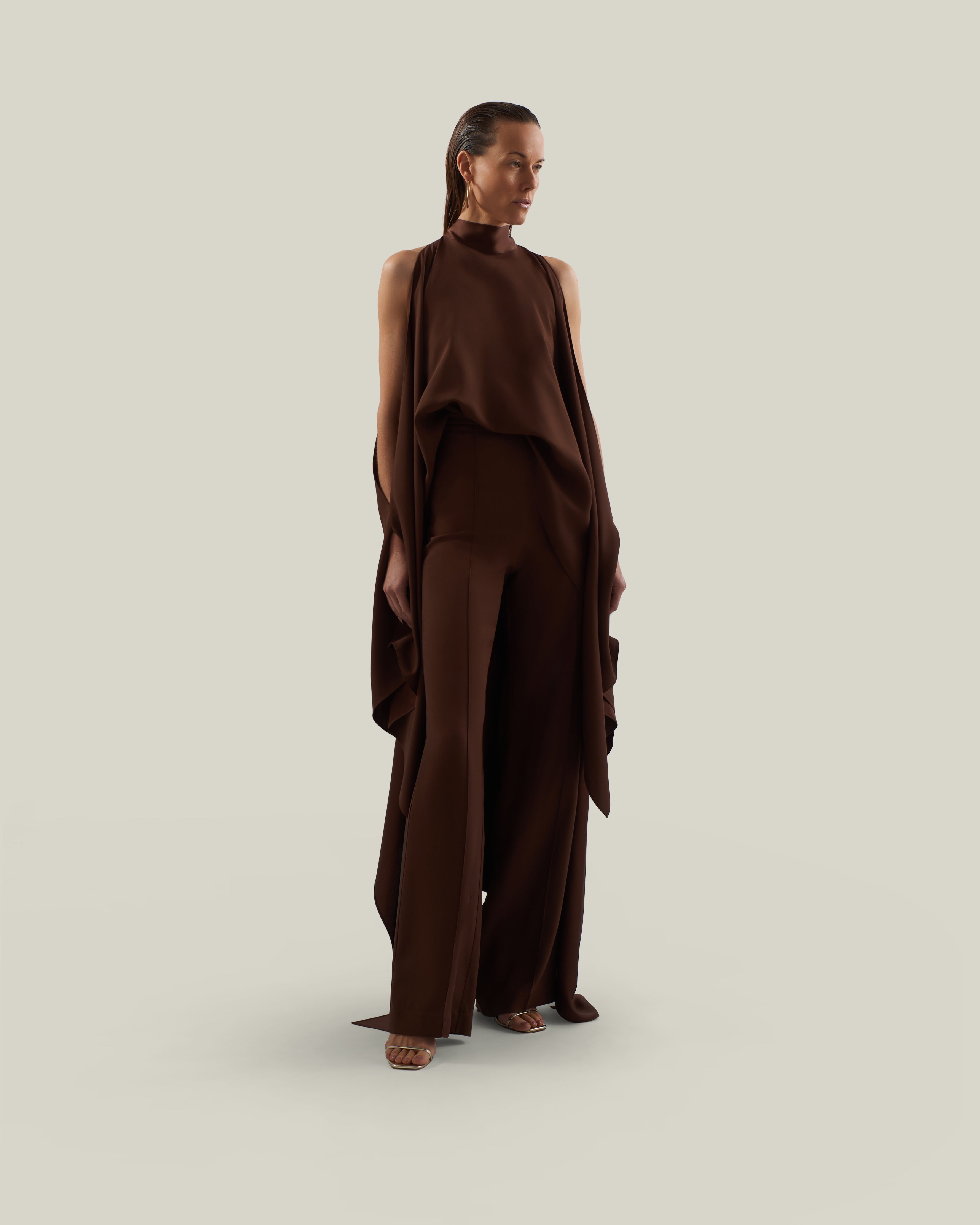 Agadez Blouse in Cocoa - Crepe cady high-neck cold-shoulders cape-effect blouse