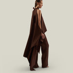 Agadez Blouse in Cocoa - Crepe cady high-neck cold-shoulders cape-effect blouse