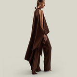 Agadez Blouse in Cocoa - Crepe cady high-neck cold-shoulders cape-effect blouse