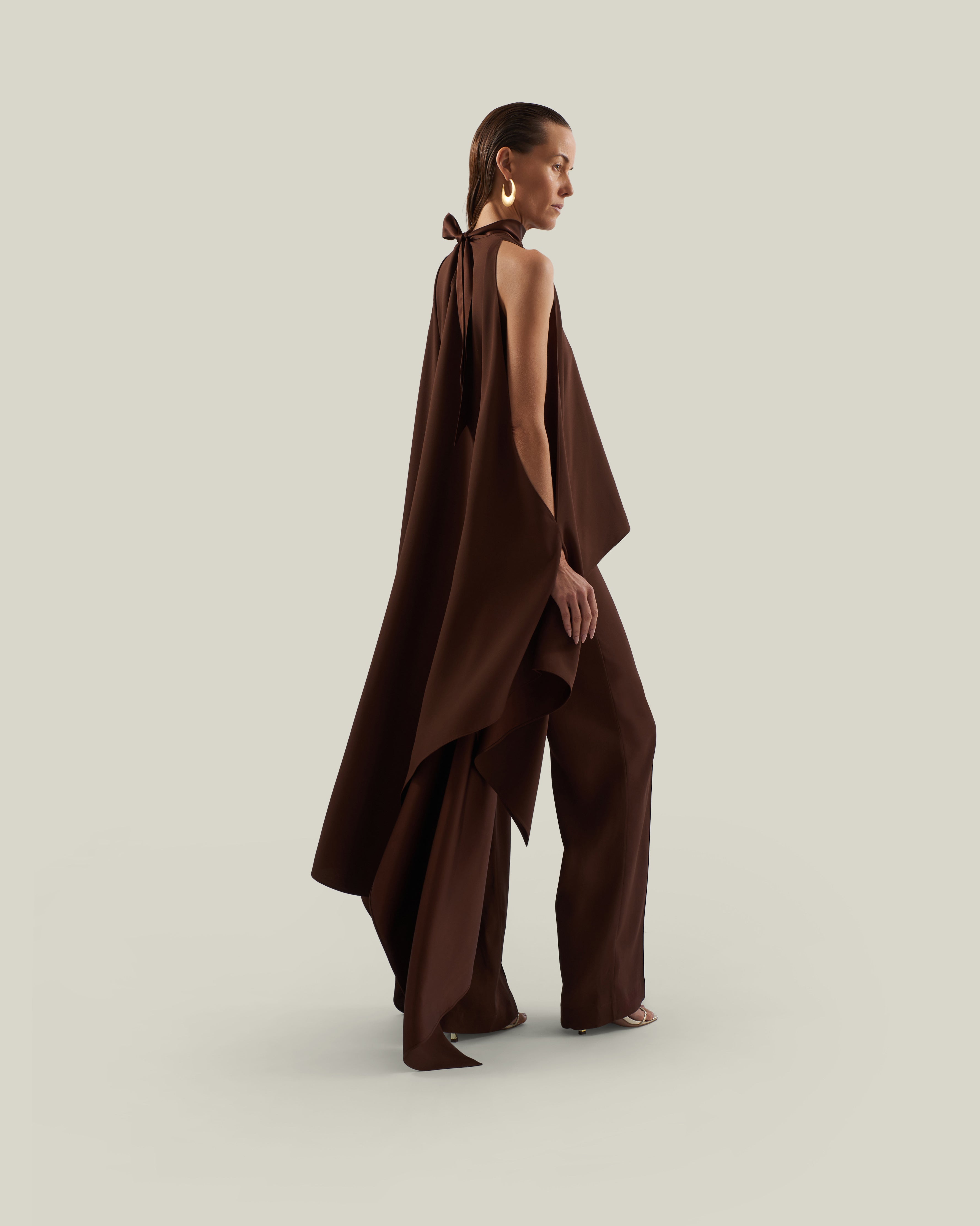 Agadez Blouse in Cocoa - Crepe cady high-neck cold-shoulders cape-effect blouse