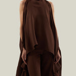 Agadez Blouse in Cocoa - Crepe cady high-neck cold-shoulders cape-effect blouse