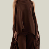 Agadez Blouse in Cocoa - Crepe cady high-neck cold-shoulders cape-effect blouse