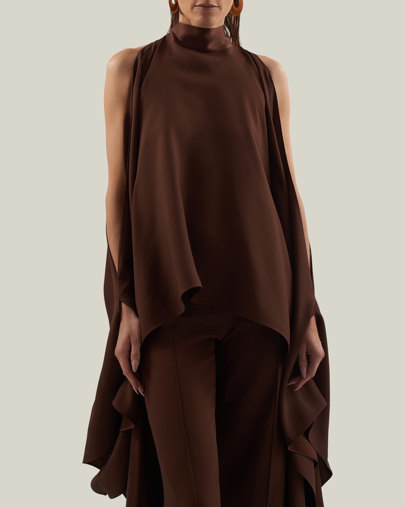 Agadez Blouse in Cocoa - Crepe cady high-neck cold-shoulders cape-effect blouse