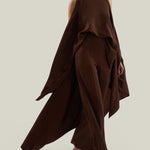 Agadez Blouse in Cocoa - Crepe cady high-neck cold-shoulders cape-effect blouse