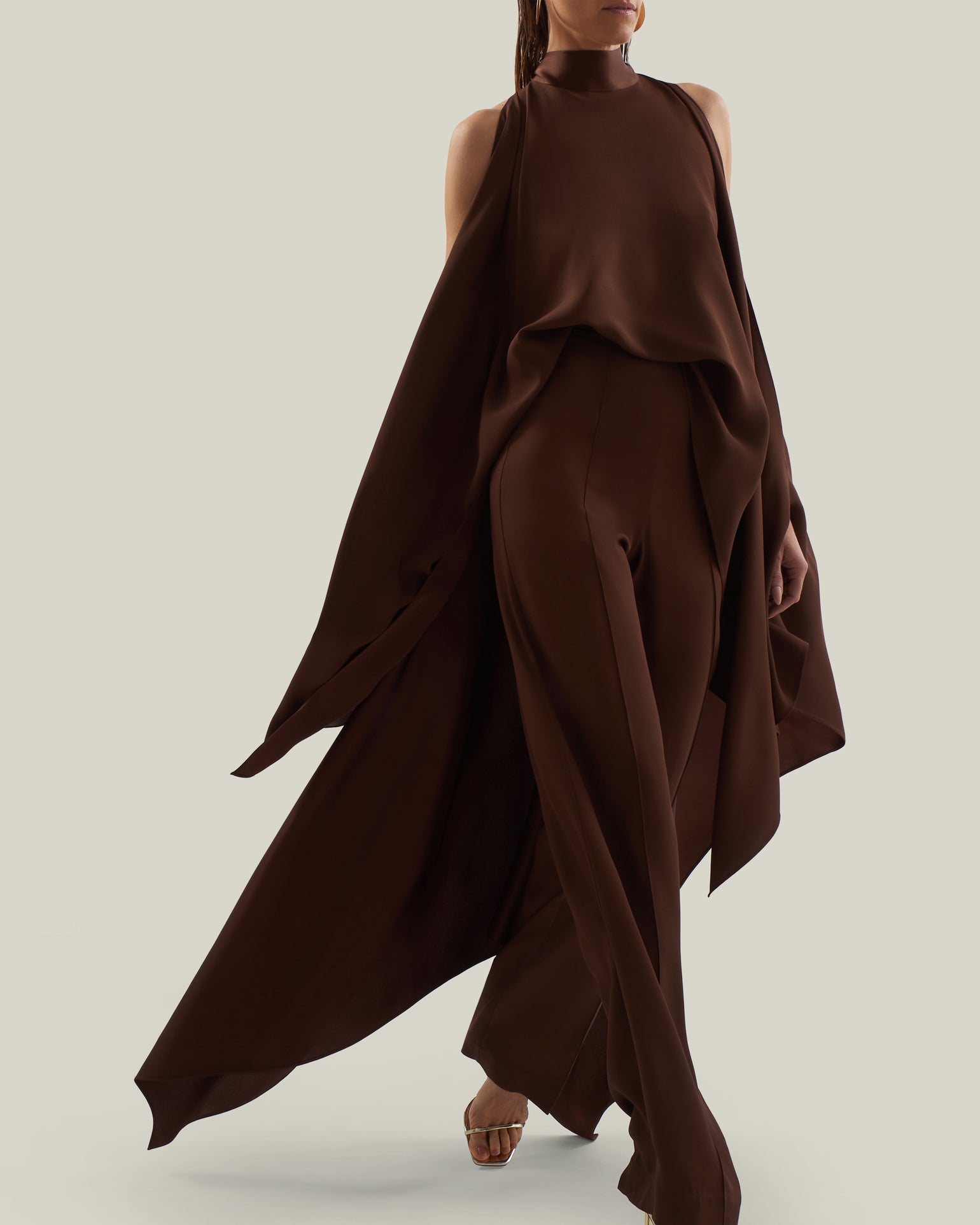 Agadez Blouse in Cocoa - Crepe cady high-neck cold-shoulders cape-effect blouse