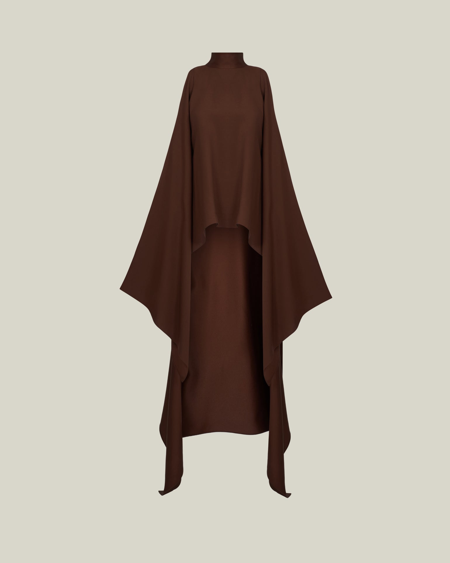 Agadez Blouse in Cocoa - Crepe cady high-neck cold-shoulders cape-effect blouse