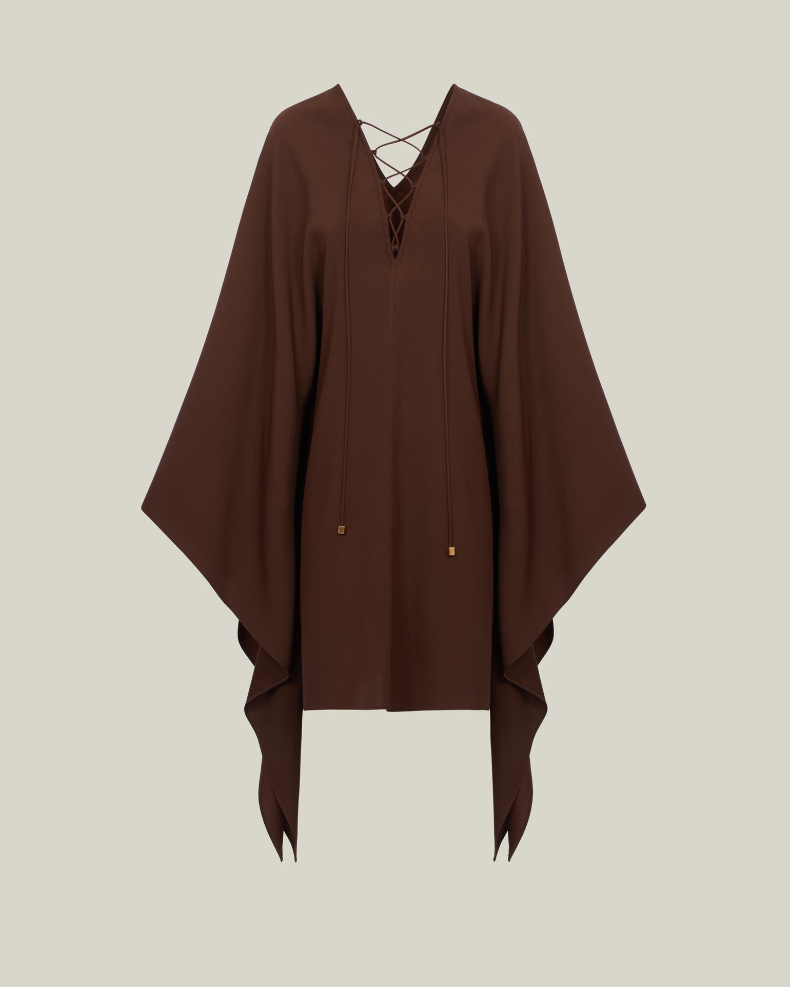 Mini Sahara Kaftan in Cocoa - Crepe cady laced-up plunge neckline short kaftan