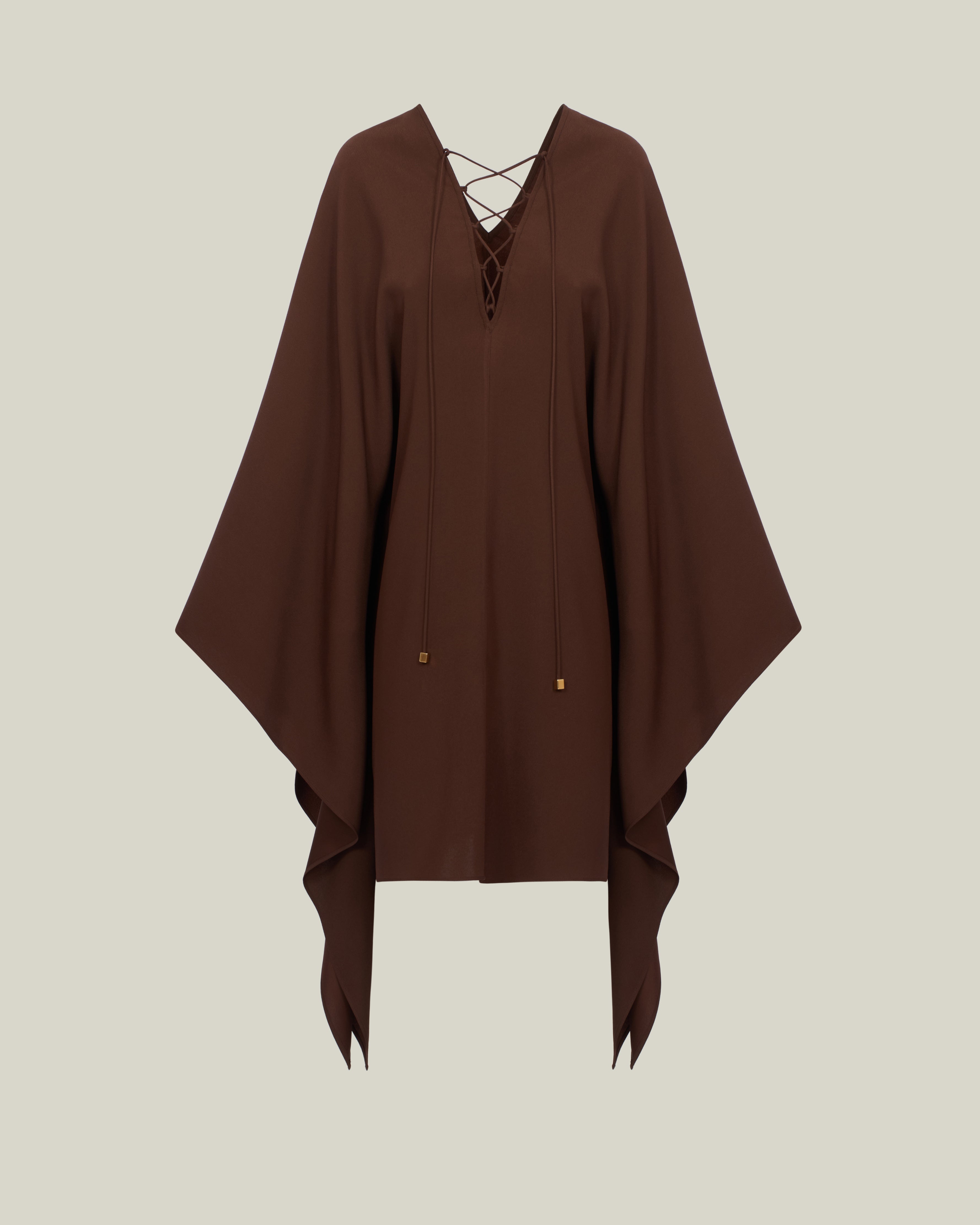 Mini Sahara Kaftan in Cocoa - Crepe cady laced-up plunge neckline short kaftan