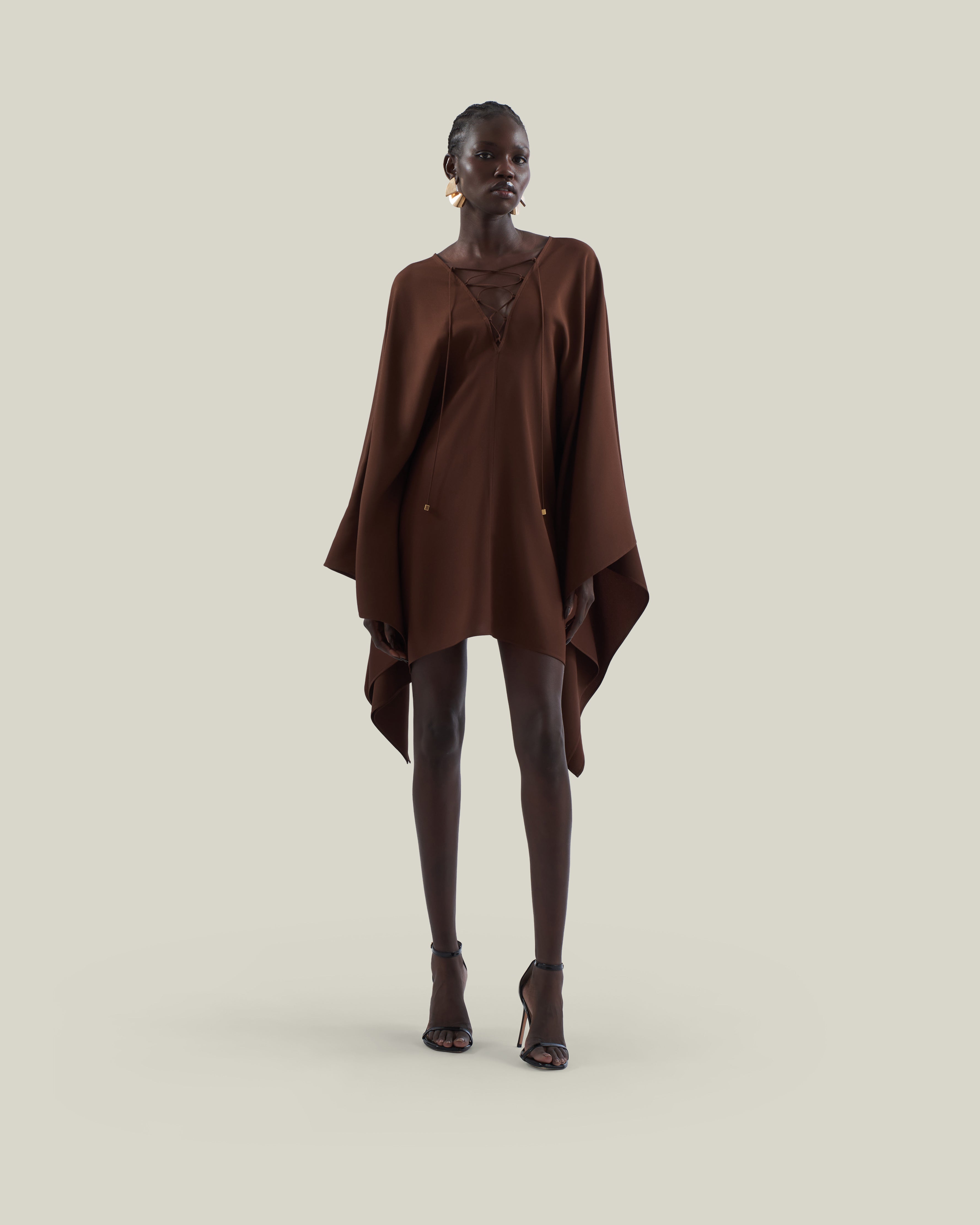 Mini Sahara Kaftan in Cocoa - Crepe cady laced-up plunge neckline short kaftan