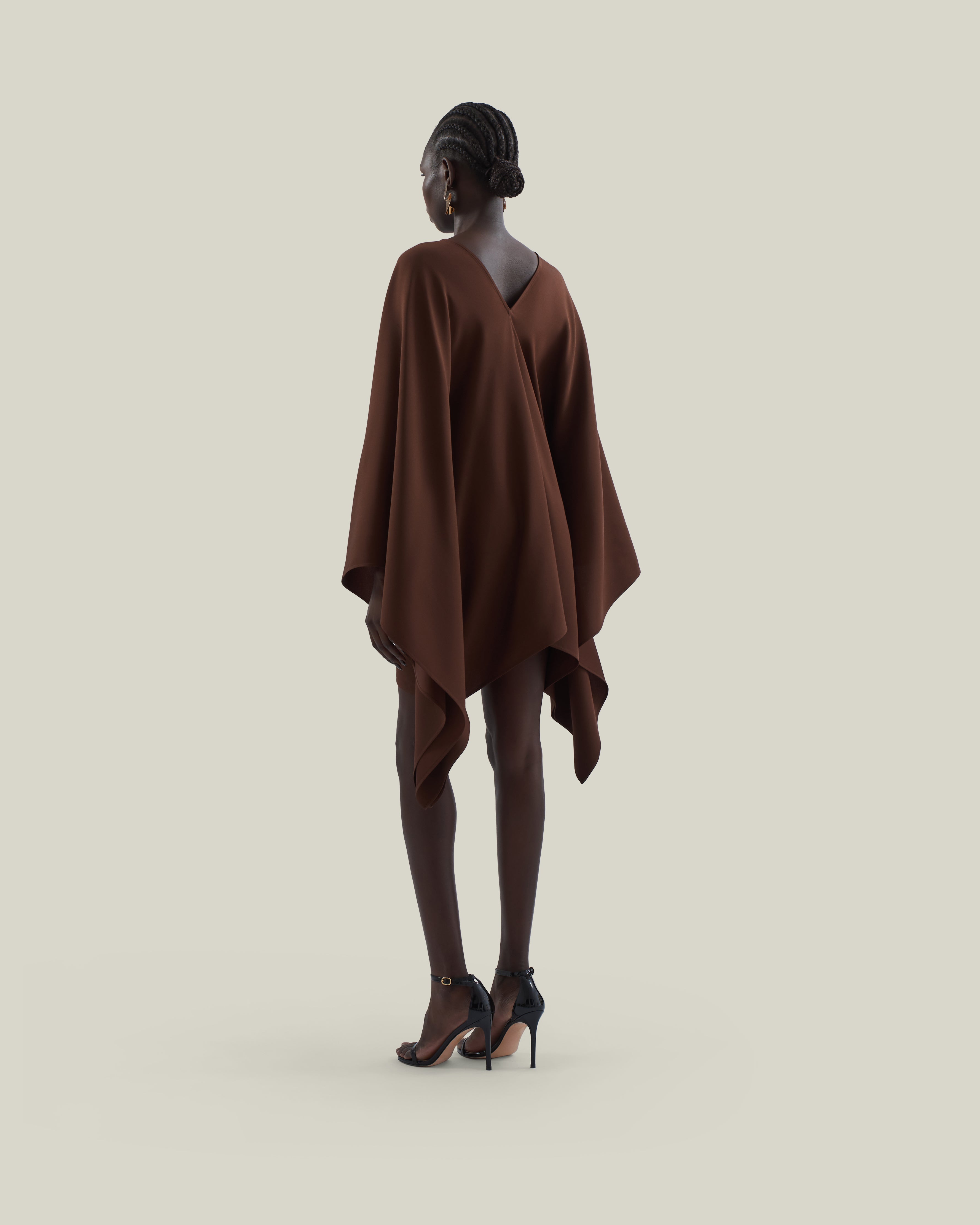 Mini Sahara Kaftan in Cocoa - Crepe cady laced-up plunge neckline short kaftan