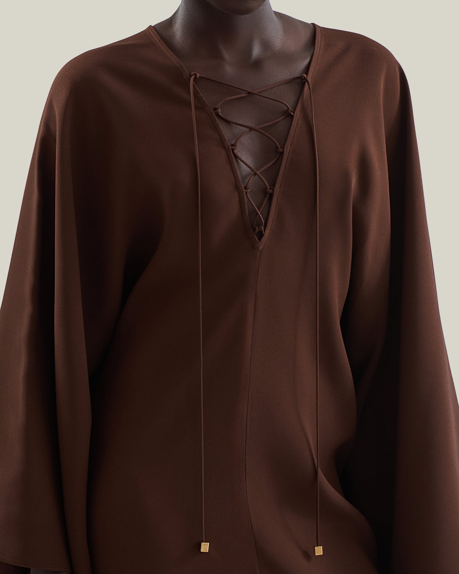 Mini Sahara Kaftan in Cocoa - Crepe cady laced-up plunge neckline short kaftan