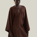 Mini Sahara Kaftan in Cocoa - Crepe cady laced-up plunge neckline short kaftan