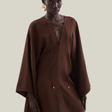 Mini Sahara Kaftan in Cocoa - Crepe cady laced-up plunge neckline short kaftan