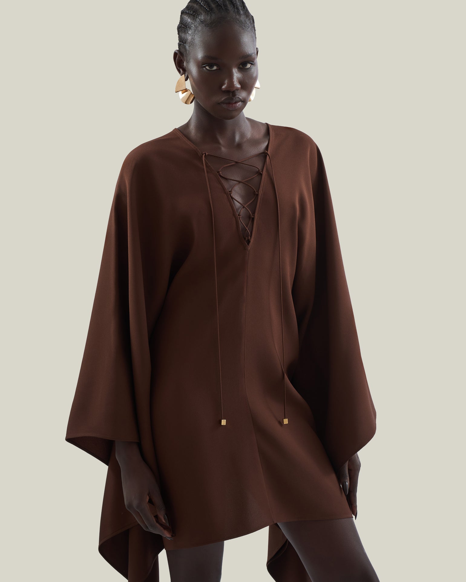 Mini Sahara Kaftan in Cocoa - Crepe cady laced-up plunge neckline short kaftan