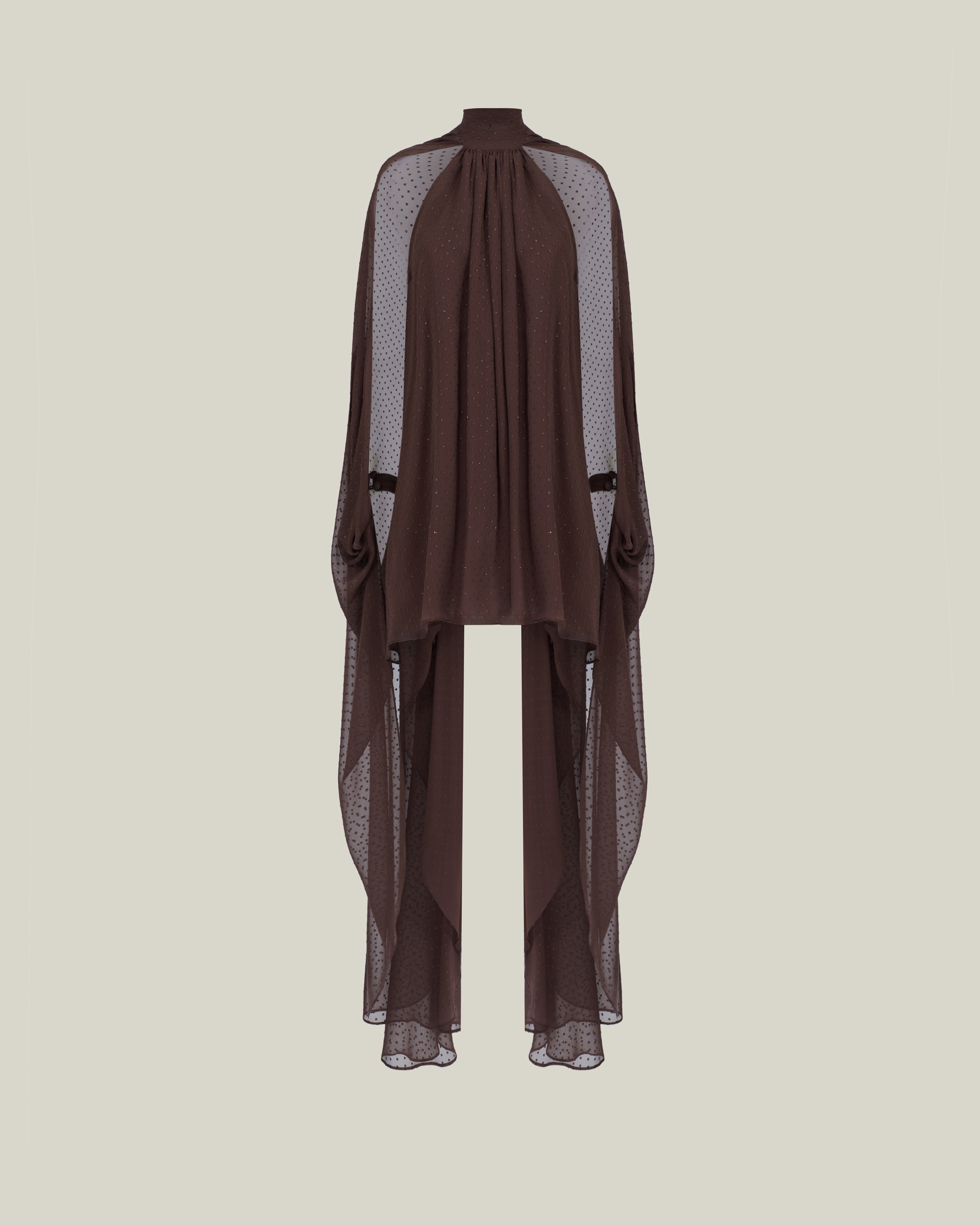 Mini Eterea Dress in Chocolate - Chiffon lurex plumeti halterneck cape-effect short dress