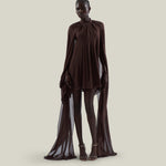 Mini Eterea Dress in Chocolate - Chiffon lurex plumeti halterneck cape-effect short dress