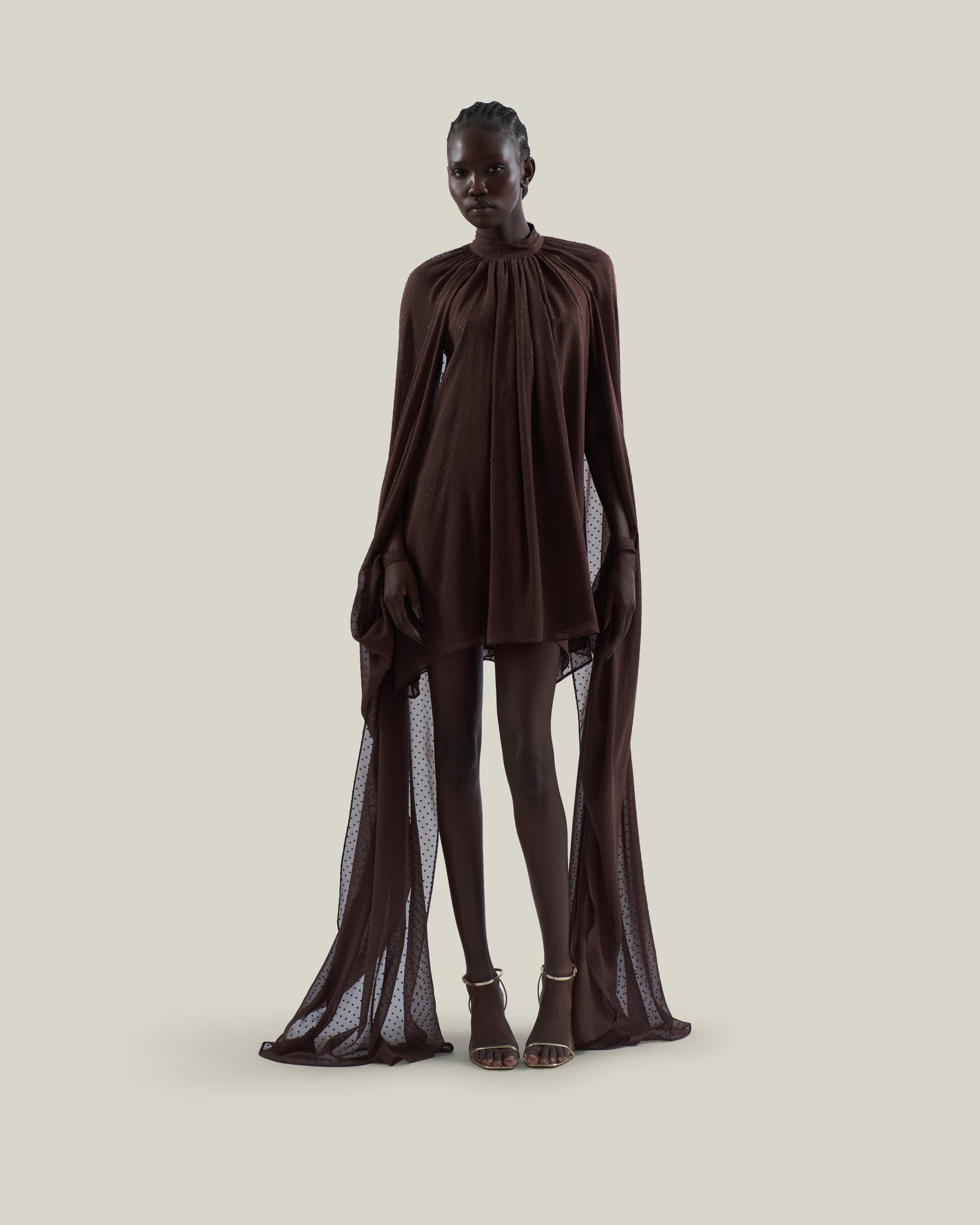 Mini Eterea Dress in Chocolate - Chiffon lurex plumeti halterneck cape-effect short dress