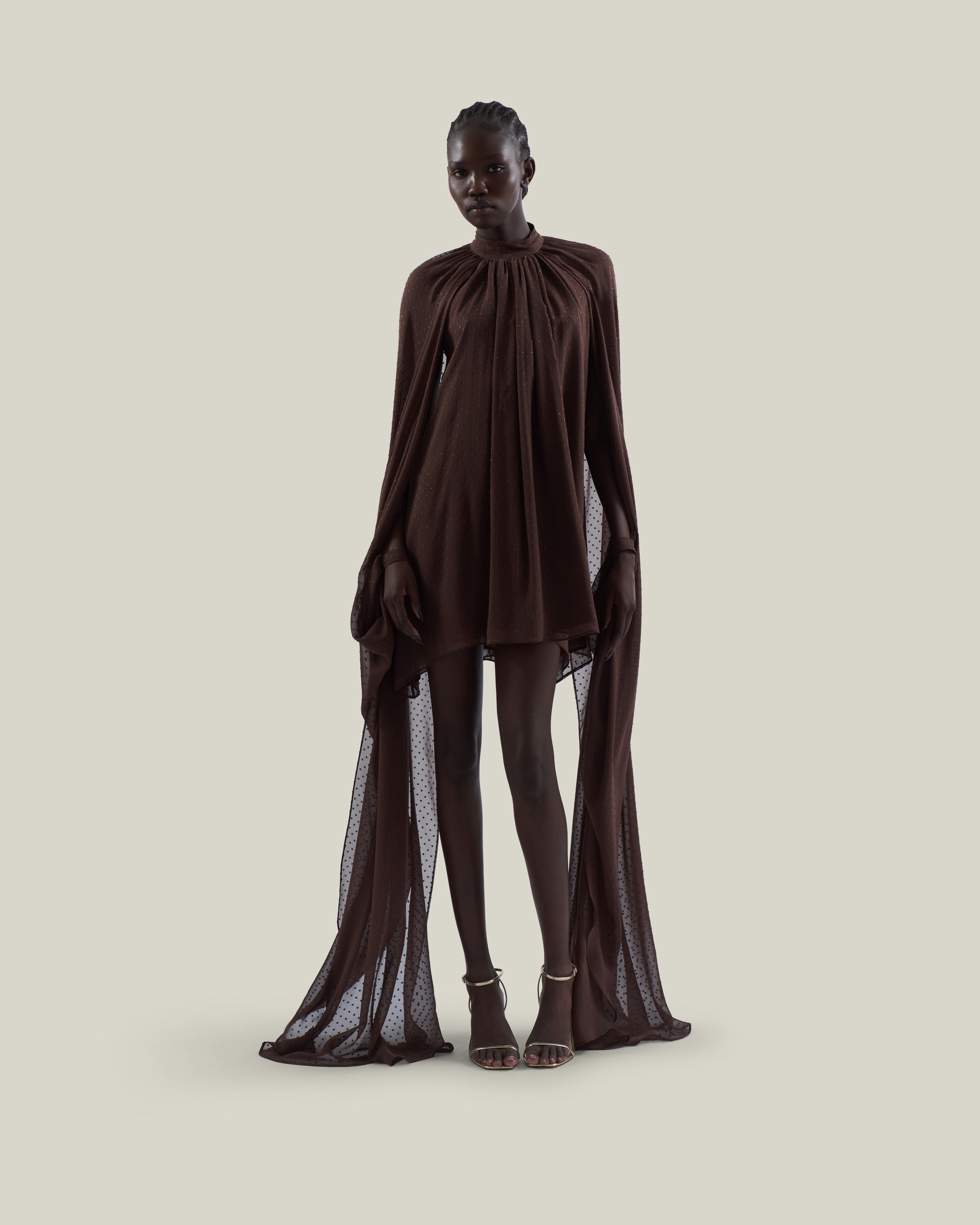 Mini Eterea Dress in Chocolate - Chiffon lurex plumeti halterneck cape-effect short dress