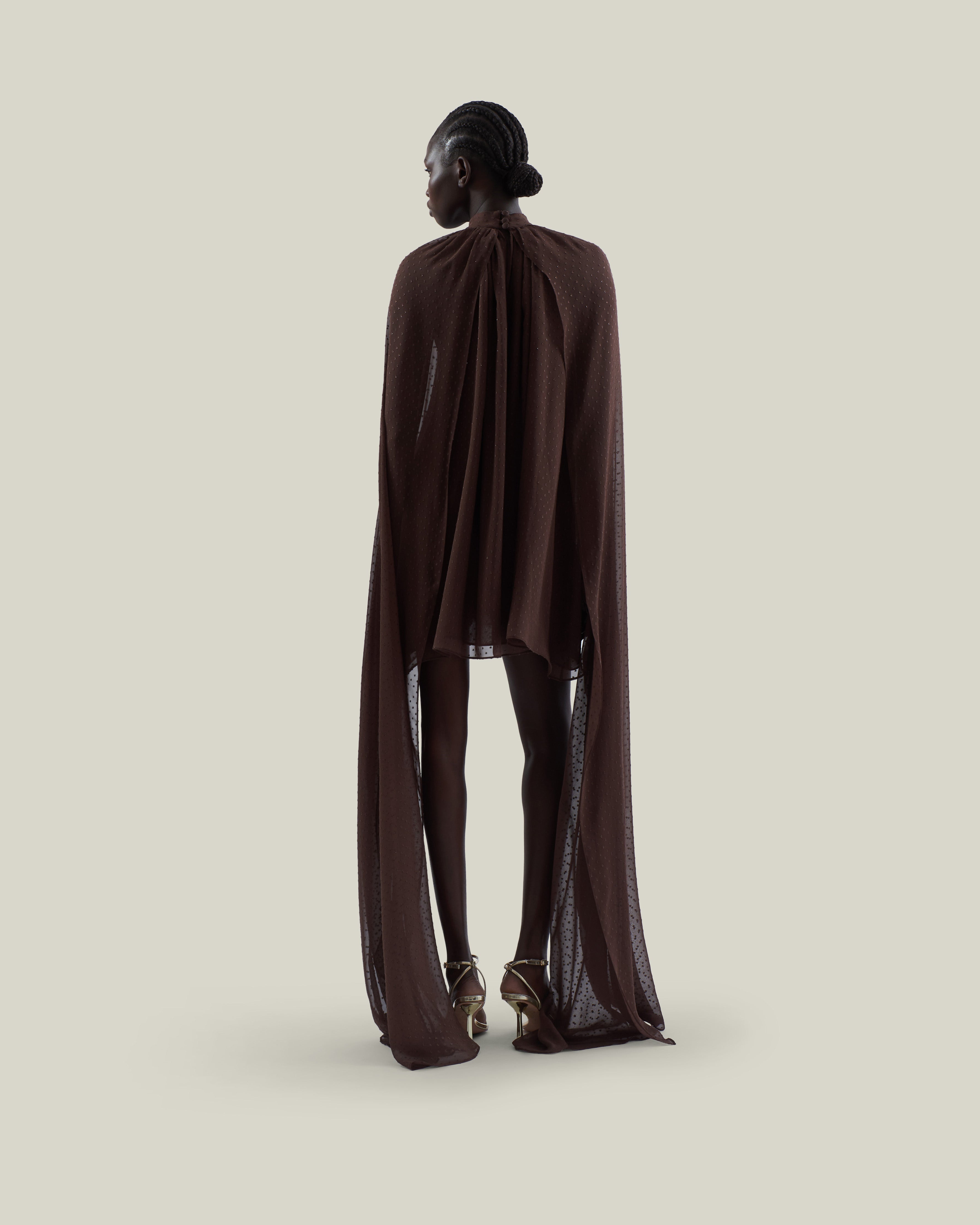 Mini Eterea Dress in Chocolate - Chiffon lurex plumeti halterneck cape-effect short dress